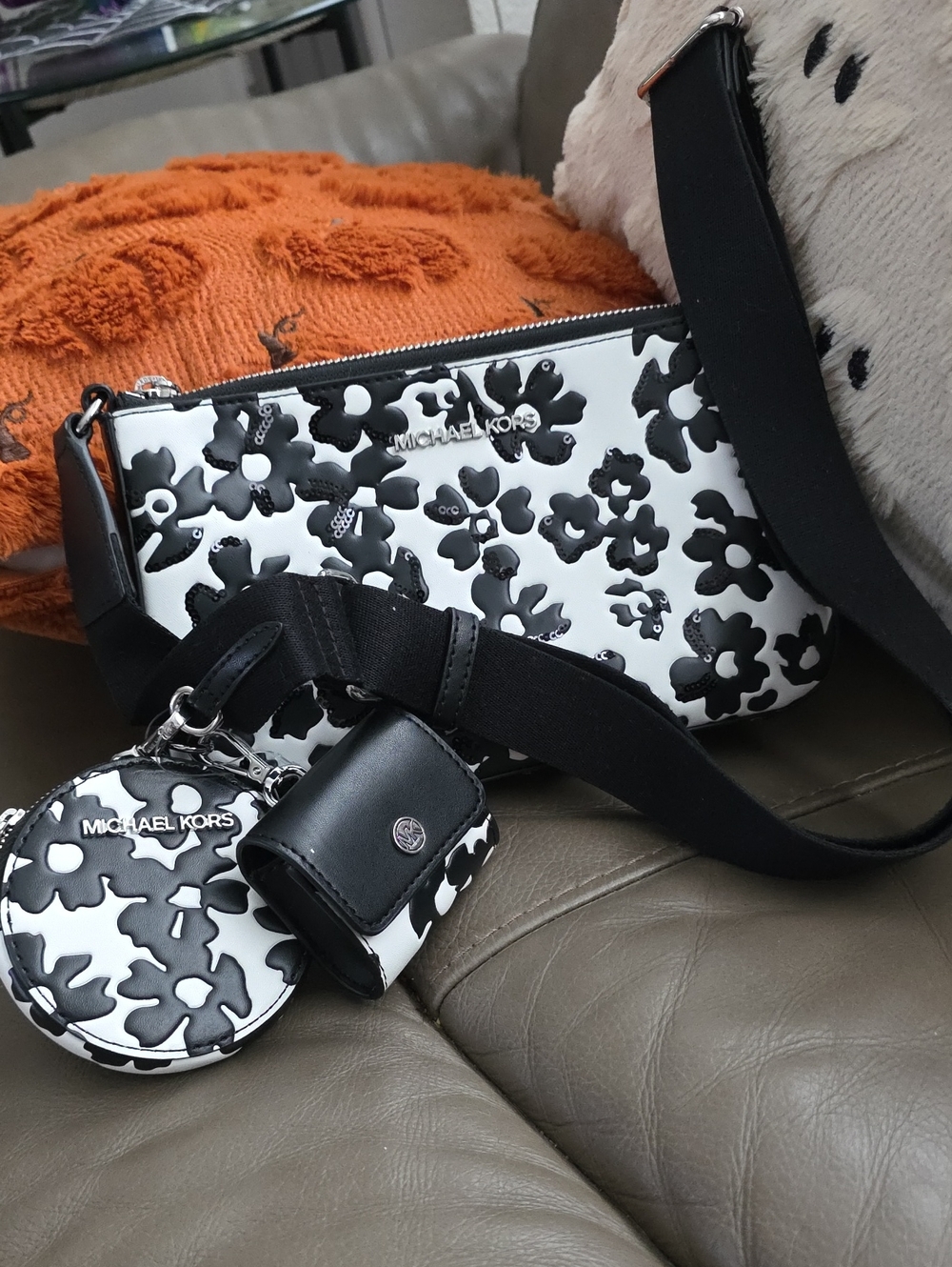Michael Kors Black & White Floral Leather Crossbody with Pouch Set